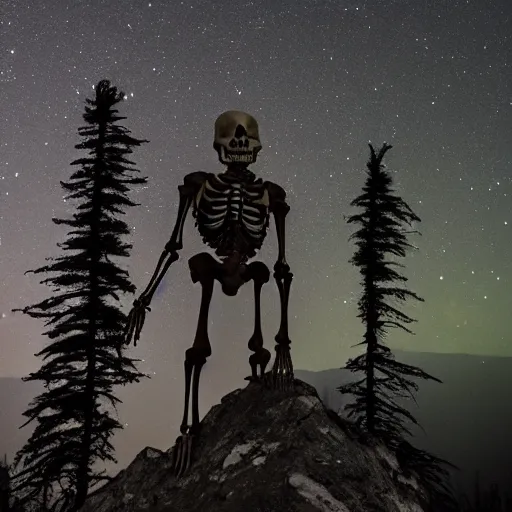 Image similar to A giant skeleton with glowing eyes towering above the treeline, night, ominous, creepy