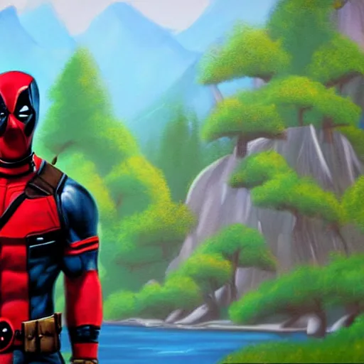 Image similar to a closeup photorealistic photograph of bob ross working on a canvas painting of deadpool. film still. brightly lit scene. mountains and trees. this 4 k hd image is trending on artstation, featured on behance, well - rendered, extra crisp, features intricate detail, epic composition and the style of unreal engine.