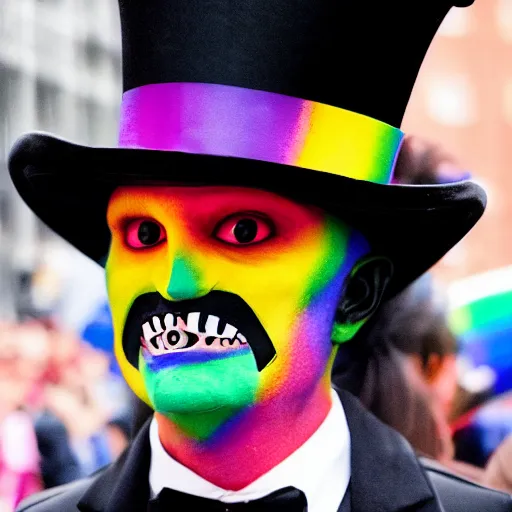 Prompt: The Babadook in black coat and top hat at a pride parade, photograph