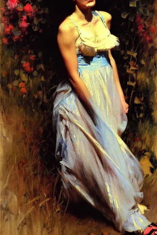 Image similar to impressionist brushstrokes!!!!!!!!! solomon joseph solomon and richard schmid and jeremy lipking victorian loose genre loose painting full length portrait painting of a young beautiful woman punk rocker