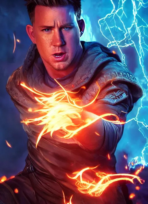 Image similar to A fantasy comic book style portrait painting of a Channing Tatum as a godlike Sorcerer casting a fire spell, unreal 5, DAZ, hyperrealistic, octane render, RPG portrait, ambient light, dynamic lighting