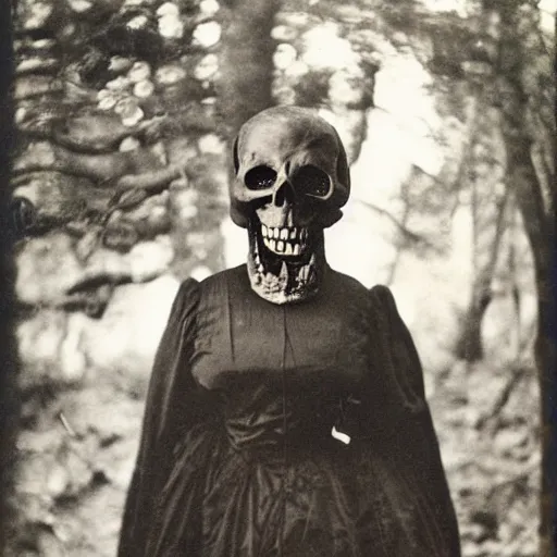 Image similar to portrait of a witch wearing a skull mask holding a puppet in an ominous forest, 1 9 0 0 s photography