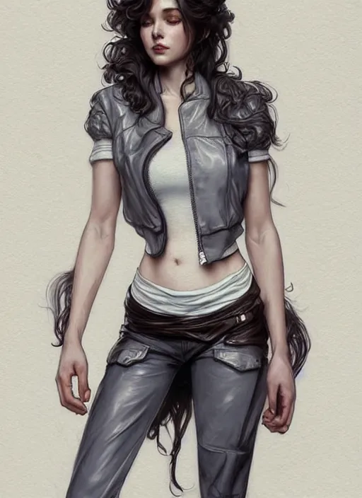 Image similar to girl in very short white! top and very short gray! leather jacket, open belly, long dark curly hair, high waist sweatpants, intricate, elegant, highly detailed, digital painting, artstation, concept art, smooth, illustration, art by artgerm and greg rutkowski and alphonse mucha