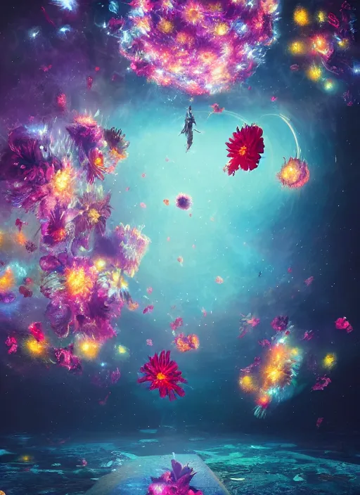 Image similar to An epic fantastic realism comic book style painting of the most beautiful spinning flowers floating into the dark and starry cosmos, exquisite bouquets, fisheye, a star implodes, unreal 5, DAZ, hyperrealistic, octane render, dynamic lighting