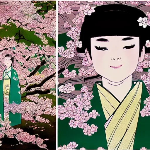 Prompt: A beautiful installation art of a young woman in a traditional kimono, with a background of sakura blossoms. emerald by Osamu Tezuka