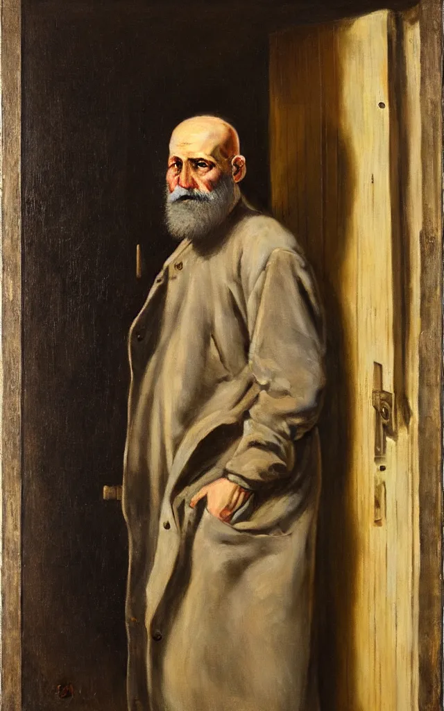 Prompt: realist painted portrait of a rugged bald middle aged man with greying beard standing in a doorway