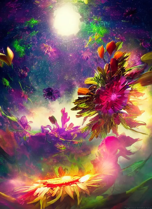 Image similar to An epic fantastic realism comic book style painting of the most beautiful spinning flowers floating into the dark and starry cosmos, exquisite bouquets, fisheye, a star implodes, unreal 5, DAZ, hyperrealistic, octane render, dynamic lighting