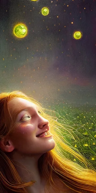 Image similar to infp young woman, smiling amazed, golden fireflies lights, sitting in the midst of nature fully covered, long loose red hair, intricate linework, green eyes, small nose with freckles, oval shape face, realistic, expressive emotions, dramatic lights spiritual scene, hyper realistic ultrafine art by michael cheval, jessica rossier, boris vallejo