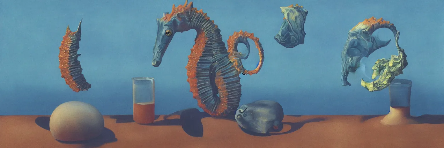 Prompt: realistic sea horse painting magritte