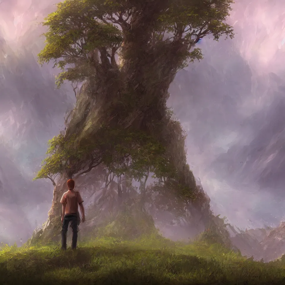 Image similar to man standing alone in nature,beautiful colours, digital art, concept art, fantasy art, highly detailed, HD wallpaper, artstation, Deviantart, abeyance