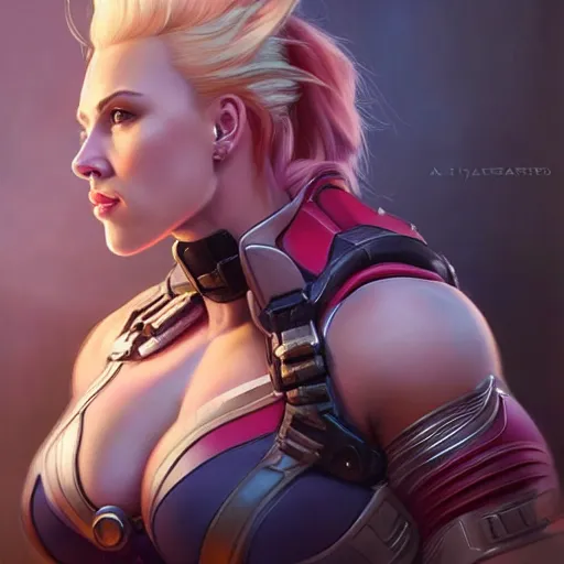 Image similar to detailed portrait of scarlett johansson as muscular zarya from overwatch, beautiful, fantasy, intricate, elegant, highly detailed, digital painting, artstation, concept art, matte, sharp focus, illustration, art by aenaluck, artgerm and roberto ferri and greg rutkowski, epic fantasy, digital painting