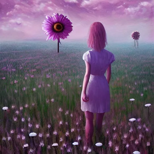 Image similar to giant daisy flower as a head, girl walking in flower field, surreal photography, moon light, dark night, dramatic, impressionist painting, clouds, digital painting, artstation, simon stalenhag