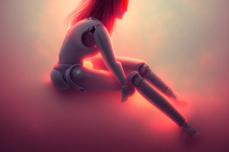 Image similar to a cute robot girl sitting on a cloud relaxing, misty, digital art, hazy, foggy, red lighting, ambient lighting, 8 k,