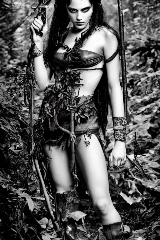 Prompt: bella from twilight as a determined dnd deep gnome druid with leather clothing and leaves and sticks in her hair, photo by annie leibovitz b&w