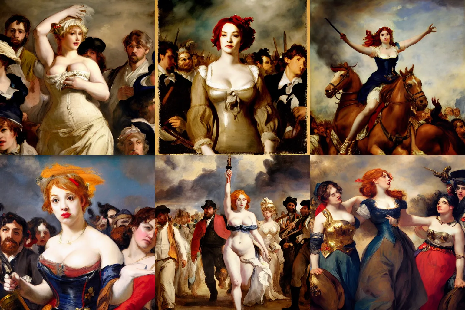 Prompt: Portrait of Christina Hendricks as Liberty Leading the People by Eugène Delacroix, masterpiece 4k digital, highly detailed, trending on artstation, award winning