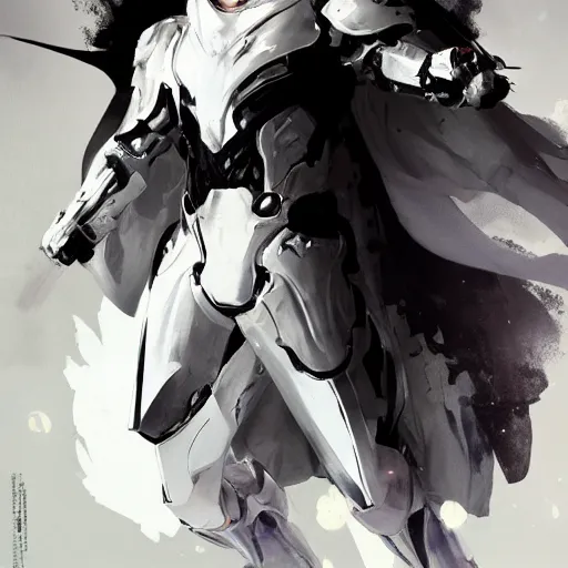 Image similar to full body portrait of a character in sleek white armor and a white tailcoat, wearing a white mask with many lenses for eyes, dramatic lighting, illustration by Greg rutkowski, yoji shinkawa, 4k, digital art, concept art, trending on artstation