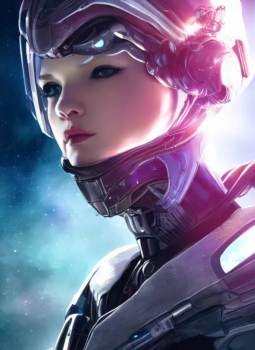 Prompt: photo of a cyborg girl on a space ship, warframe armor, beautiful face, scifi, nebula reflections, angel, white hair, stars, professionally color graded, sharp focus, 8 k high definition, insanely detailed, intricate, innocent, art by stanley lau and artgerm