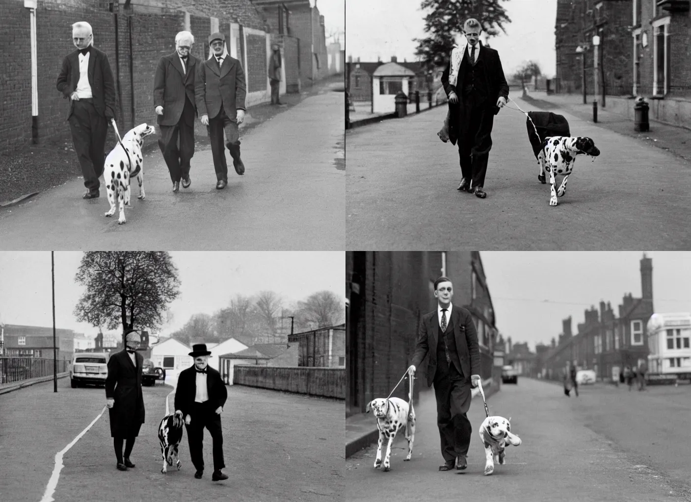 Prompt: a man in suit walking his dalmation at london road, hulton archives, high resolution