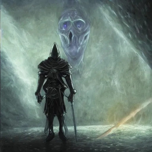 Prompt: an arrogant knight steps casually into the abyssal portal, only to be met with unimaginable horrors from beyond. his body and mind are completely annihilated as he witnesses the end of time. space itself begins to warp into a single point of light and for a few silent moments the knight knows everything, from his world and beyon. dark fantasy, oil painting, high detail