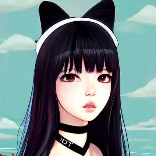 Image similar to realistic beautiful gorgeous natural cute Blackpink Lalisa Manoban black hair fur black cat ears, wearing white camisole summer outfit, headphones, black leather choker artwork drawn full HD 4K highest quality in artstyle by professional artists WLOP, Aztodio, Taejune Kim, Guweiz on Pixiv Instagram Artstation