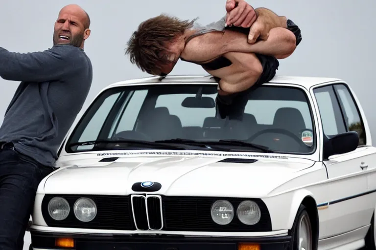 Image similar to Angry Jason Statham lifts BMW e30 in his arms,