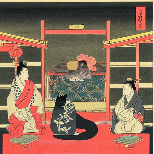 Prompt: A cat sitting on a throne in a samurai temple surrounded by his worshipers, Ukiyo-e