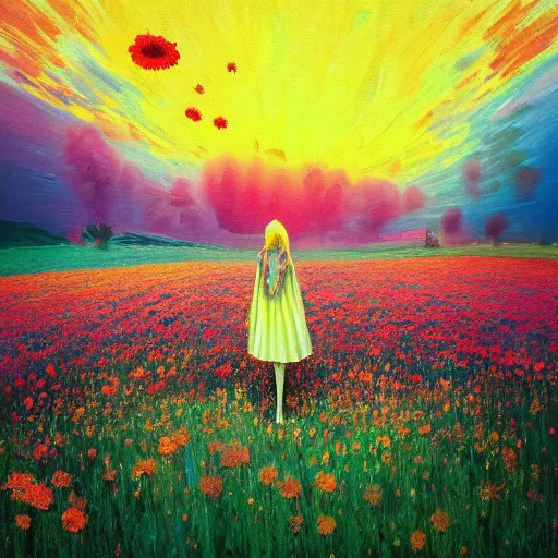 Prompt: girl with a flower face, surreal photography, bizzare, dreamlike, otherworldly, standing in flower field, in a valley, sunrise dramatic light, impressionistic painting, colorful clouds, artstation, simon stalenhag