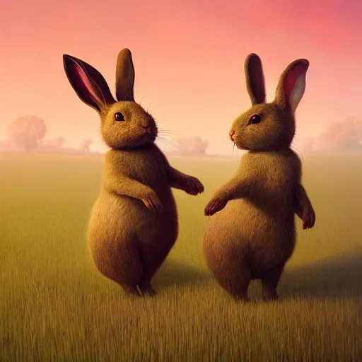 Prompt: adorable rabbits in verdant fields, delight! by zdzislaw beksinski and gediminas pranckevicius and tiffany bozic, cold hues, warm tone gradient background, concept art, beautiful composition, digital painting