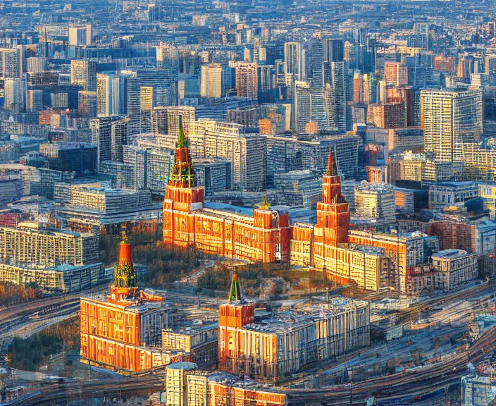 Image similar to 4 k hd, high detail photograph of moscow, shot with sigma f / 4. 2, 2 5 0 mm sharp lens, wide shot, volumetric lighting, high level texture render, unreal engine