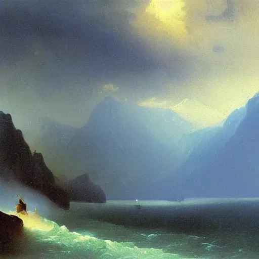 Prompt: a dramatic mountainous landscape matte painting by Ivan Aivazovsky