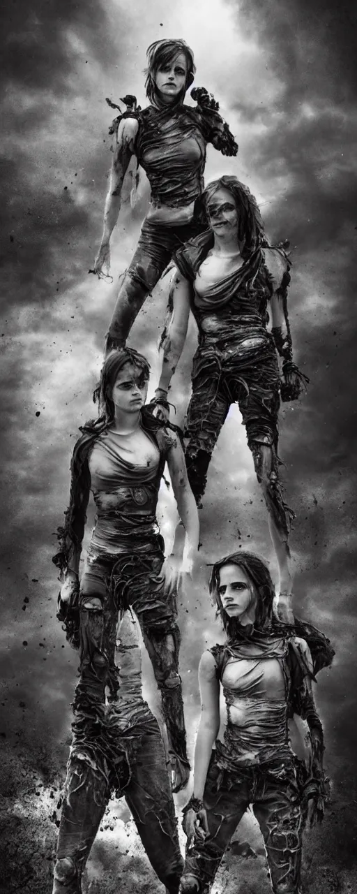 Image similar to Emma Watson fractal armour twinned conjoined sisters action poses dishevelled photorealistic portrait grimy sweating wet face dirty t-shirt and torn jeans in broken biomechanical fractal armour abandoned exploding sci-fi gas station, dark and dim atmospheric smog trending on artstation 8k matte painting, dramatic lighting, dramatic shadows professional photograph by Lee Miller