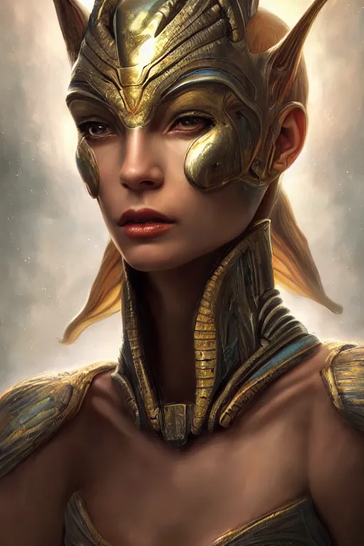 Image similar to portrait oils, beautiful female hybrid cyborg atlantean anubis hada elsa jean alien warrior, regal, realistic, refined, detailed, digital art, jessica rossier, michael cheval, esao andrews, steampunk, walt disney, francois boucher, oil painting, highly detailed, cinematic lighting, unreal, natural tpose