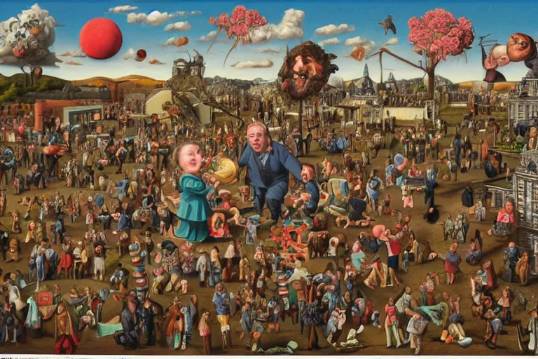 Prompt: a strange battle in an old hospital between old people and babies Robert Williams Mark Ryden and Alex Gross, Todd Schorr highly detailed