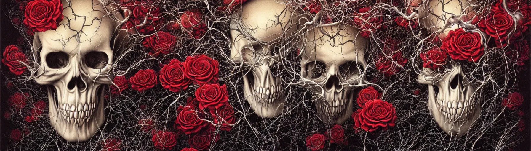 Image similar to the ghost in the machie, dense web of neurons firing, psychedelic lights and fog, skull and roses and gnr imagery, zdzislaw, ayami kojima, yamamoto, barclay shaw, karol bak, hyperrealist, 8 k