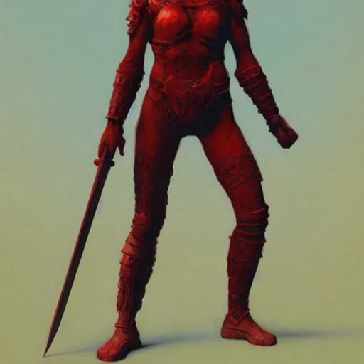 Prompt: Warrior princess with red armor in the style of Zdzislaw Beksinski