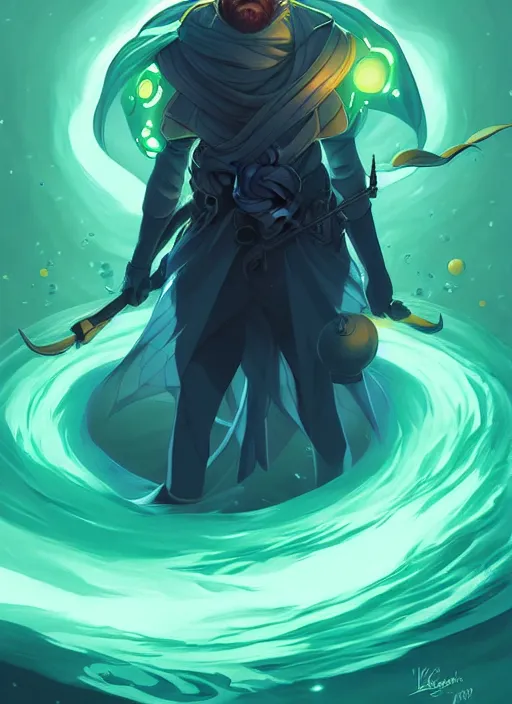 Prompt: style artgerm, joshua middleton, illustration, john krasinski as artificer wearing green pelt light armor, anime eyes, blue hair, swirling water cosmos, fantasy, dnd, cinematic lighting