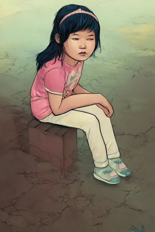 Image similar to child without dream, just sit and cry, art by jacqueline e, color by sam wilde and background by bo feng lin