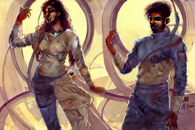 Image similar to Sensual good looking pale young Indian doctors wearing jeans in a space station above Earth, portrait, elegant, intricate, digital painting, artstation, concept art, smooth, sharp focus, illustration, art by artgerm and greg rutkowski and alphonse mucha