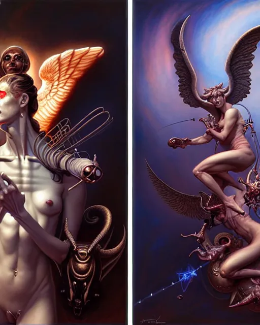 Image similar to a portrait of gemini angel and devil fantasy character portrait facing each other, ultra realistic, wide angle, intricate details, the fifth element artifacts, highly detailed by peter mohrbacher, hajime sorayama, wayne barlowe, boris vallejo, aaron horkey, gaston bussiere, craig mullins