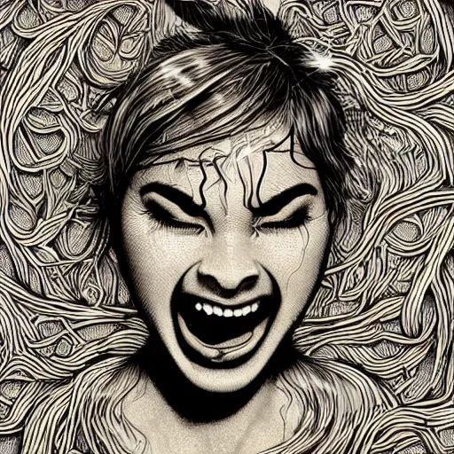 Image similar to Copper engraving of a woman screaming, ivy creeping around her face, artstation, intricate, 8k, award-winning