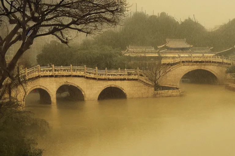 Image similar to in the rain, beijing houses, bridge, river mysterious and serene landscape, clouds, by zhang zeduan, tang yin, zhang daqian, qiu ying, trending on artstation