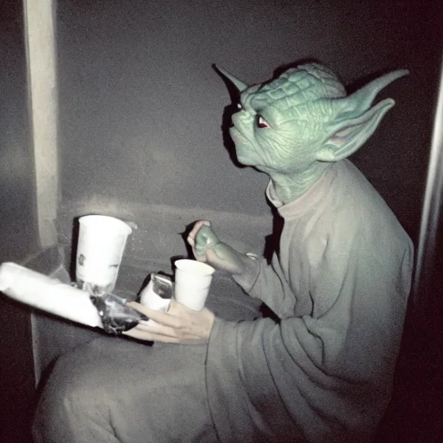 Prompt: disposable camera photo of yoda snorting a line of coke in a dark nightclub bathroom, taken with flash on