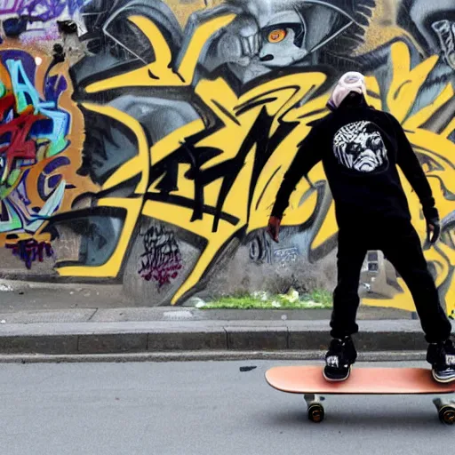 Prompt: a skateboarder glides past graffiti of WuTang Clan