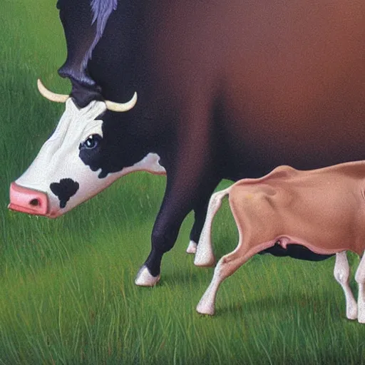 Image similar to a cow eating another cow, highly detailed, fantasy art