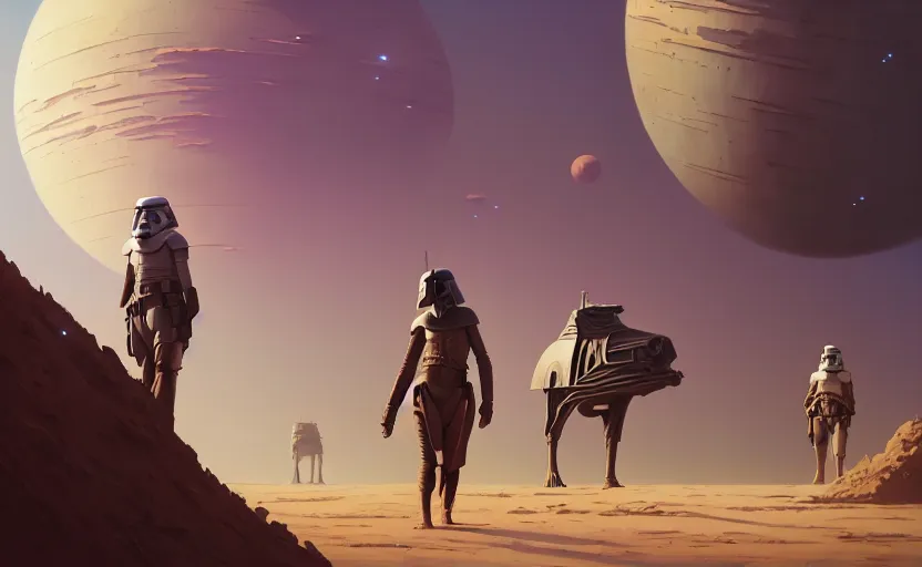 Image similar to highly detailed surreal vfx portrait of battle, starwars, tatooine, stephen bliss, unreal engine, greg rutkowski, loish, rhads, beeple, makoto shinkai and lois van baarle, ilya kuvshinov, rossdraws, tom bagshaw, global illumination, detailed and intricate environment