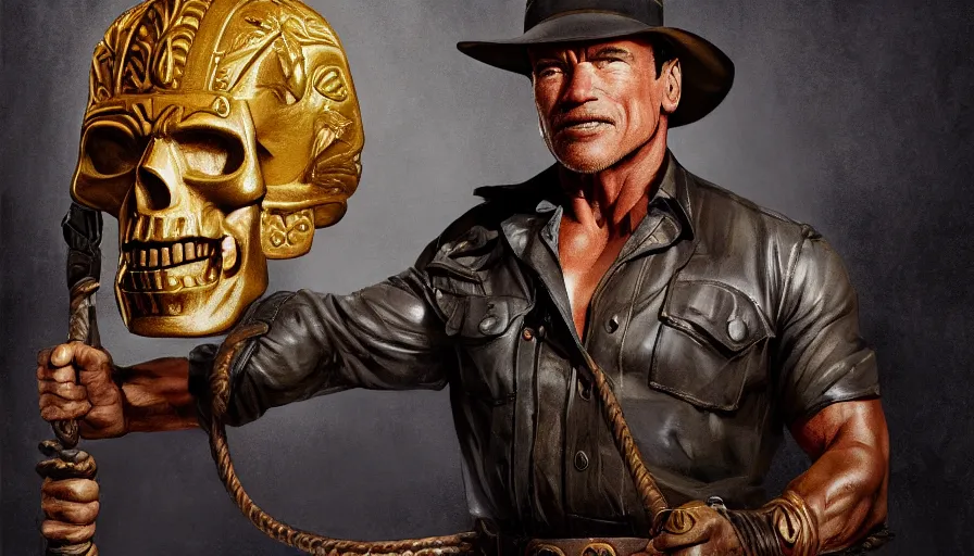 Image similar to arnold schwarzenegger as indiana jones holding a whip in left hand and holding a golden mayan skull in the right hand, grey background, hyperdetailed, artstation, cgsociety, 8 k