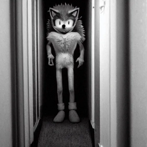 Prompt: sonic the hedgehog, creepy, horror, off - putting, dark, hallway, photo, paranormal