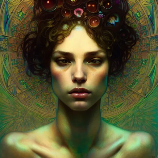 Image similar to Girl have a psychedelic experience, magic mushrooms, psilocybin, face, detailed, intricate, elegant, highly detailed, digital painting, artstation, concept art, smooth, sharp focus, illustration, art by Krenz Cushart and Artem Demura and alphonse mucha