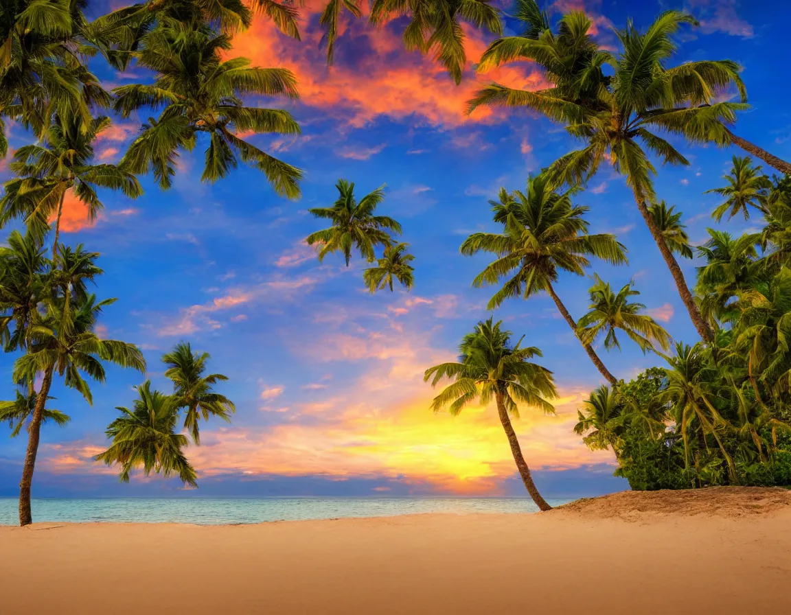 Image similar to photo of ultra realistic heart / shaped sandy beach island with exotic palm tree, sunset lighting