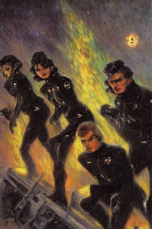 Image similar to evil star fleet officers dressed in all black. art by gaston bussiere.